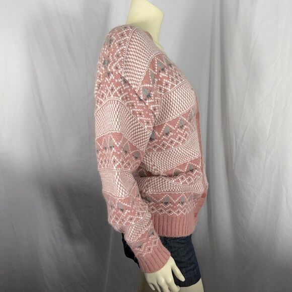 Vintage Gina Peters Knit Cardigan Sweater Pink Fair Isle Geometric Knit Made in - Picture 5 of 16